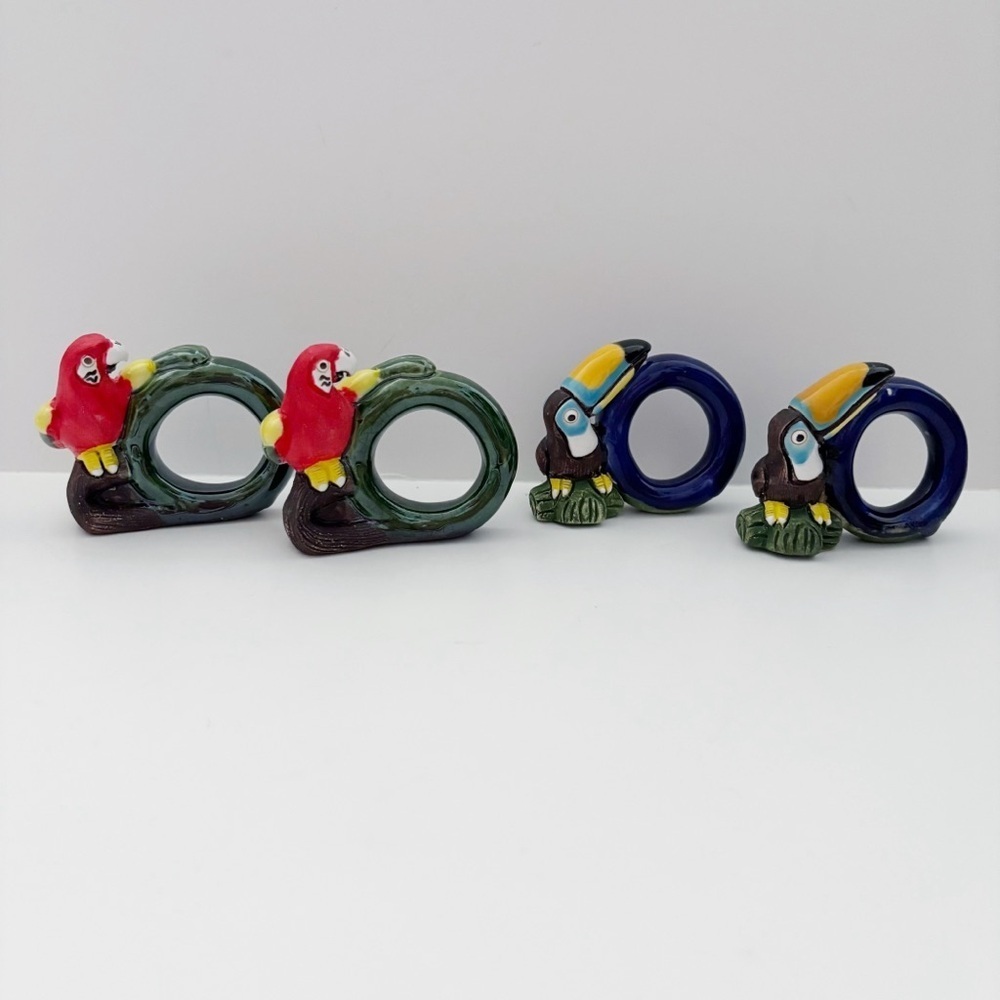 Parrot Toucan Pottery Napkin Rings Set of 4 Serviette Tableware Peru